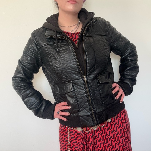 Obey Propaganda Black Faux Leather Hooded Jacket - Picture 9 of 12